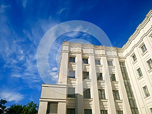 Part of the building against the blue sky