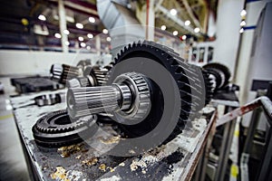 Part of car gearbox. Gears of gearshift transmission, close up