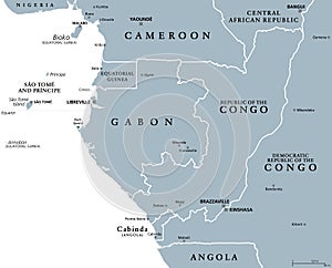 Part of Central Africa, subregion of African continent, gray political map