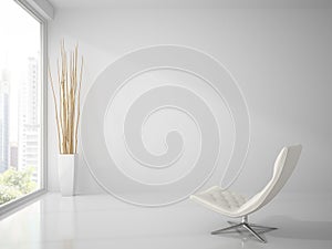 Part of clean white interior with white armchair 3D rendering