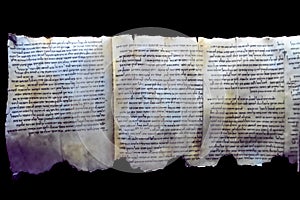 Part of the Dead Sea scrolls as exhibited in the museum Qumran, a settlement on the West Bank in Israel