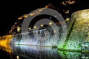 Part of the defensive wall around the Old Town in Kotor at night. Montenegro