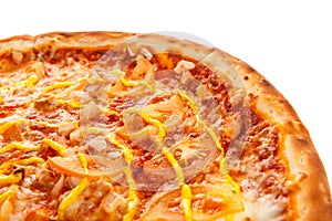 Part of delicious classic italian Pizza with chicken, tomatoes and cheese