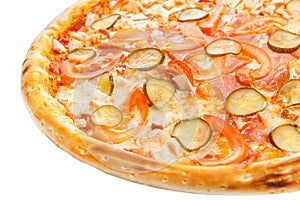 Part of delicious classic italian pizza with chicken, tomatoes, cucumbers and cheese