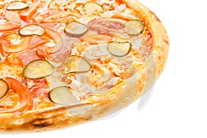 Part of delicious classic italian pizza with chicken, tomatoes, cucumbers and cheese