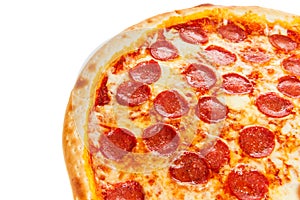 Part of delicious classic italian Pizza Pepperoni with sausages and cheese mozzarella
