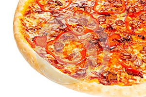Part of delicious classic italian Pizza with spicy sausages, pepper, garlic and cheese.