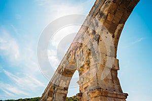 Part detail of famous landmark ancient old Roman aqueduct of Pont