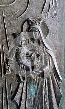 Part of door with embossing, Mary and Baby Jesus, Stella Maris Monastery in Haifa