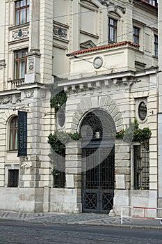 Part of the facade of the building of a five-star hotel Carlo IV. Prague  Czech Republic - August 2018