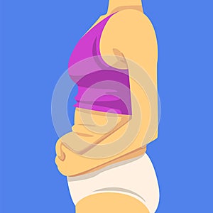 Part of Female Body, Woman Clamping Fold of Fat Belly with Her Hands, Side View, Human Figure After Weight Loss, Obesity