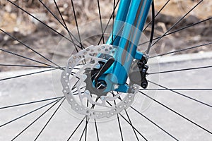 Part of fork with front disk brake of modern bicycle