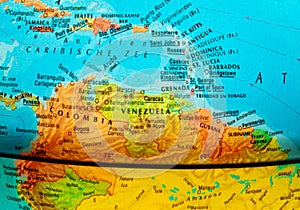 Part of the globe where the countries of Colombia, Venezuela and Guyana are shown