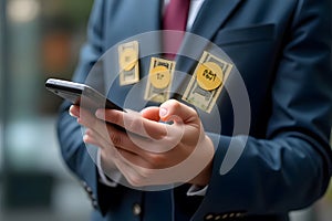 The part of the hand that is doing business Finance via telephone via the internet No need to go to the bank Just use technology photo