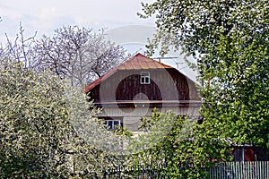 The part of the house in a flowered garden