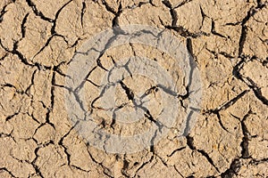 Part of a huge area dried land suffering from drought - in cracks. Dry water reservoir. Natural drought concept: dried cracked