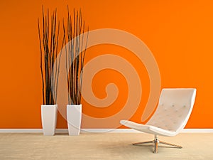 Part of interior with armchair and vases and orange wall 3D rend