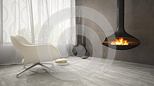 Part of interior with fireplace and white armchair 3D rendering