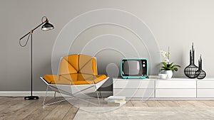 Part of interior with modern armchair and blue tv 3D rendering