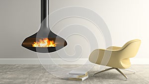 Part of interior with modern fireplace and armchair 3D rendering