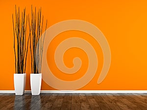 Part of interior with orange wall and vases 3D rendering
