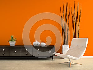 Part of interior with white armchair and orange wall 3D renderin