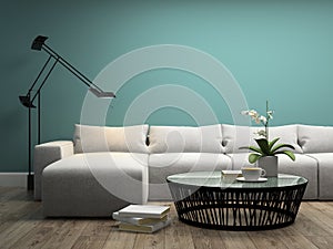 Part of interior with white sofa and orchid 3d rendering
