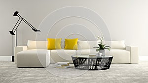 Part of interior with whitw sofa and grey wall 3d rendering