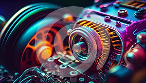 Part of the internal structure of a car engine. Colorful wallpaper illustration. Electronics and car repair service background