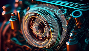 Part of the internal structure of a car engine. Colorful wallpaper illustration. Electronics and car repair service background