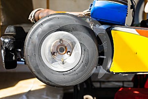 part of kart. kart wheel and disc closeup