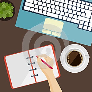 Part of keyboard, notepad and cup of coffee in flat design