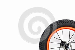 Part of kids bicycle wheel with spokes, white background