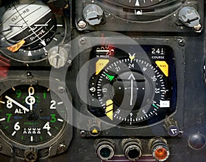 Part of late analogue instrument panel on a military aircraft.