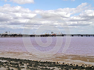 Part of long tanker off-loading jetty by seashore photo