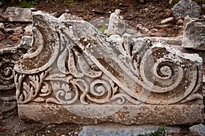 The part of marble frieze detail, volute and lotus. Ephesus, Turkey