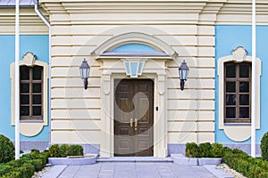 A part of  Mariinsky Palace, Kiev, Ukraine. Front view. Old wooden door to the palace