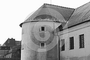 Part of medieval Cerveny Kamen Red Stone Castle near Casta village, Slovakia. Black and white filter