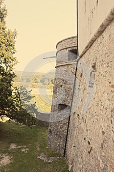 Part of medieval Cerveny Kamen Red Stone Castle near Casta village, Slovakia. Vintage filter