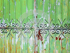 Part of a metallic green fence and gate