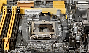 Part of the motherboard with a processor socket and other connectors to accommodate additional modules.