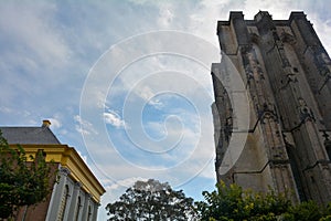 Part of the new church and old tower,  in the old town Zieriksee, Netherlands