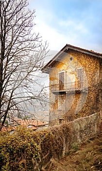 Part of an old abandoned house with peeling paint, overgrown with dry leaves, stands above the roofs of city buildings. Vertical