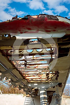 Part of an old rusty plane. Close-up.