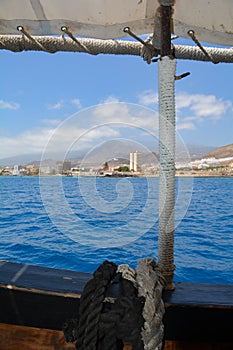 Part of an old sailing ship facing the coast