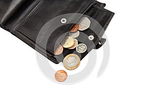 Part of open black wallet with coins
