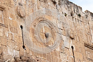 Part of the  outer fortress city wall near the Gate of Repentance or Gate of Mercy in the old city of Jerusalem, in Israel