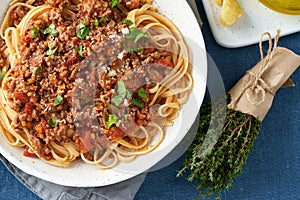 Part of pasta Bolognese Linguine with mincemeat and tomatoes, parmesan cheese