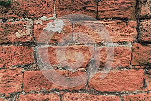 Part of a Red Brick Wall. Background or Texture. Surface of ancient obsolete Red Brickwall Outside the Street