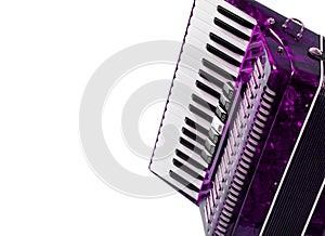 Part red musical instrument accordion, white background